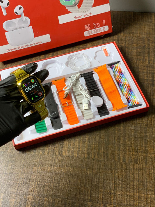 Golden Digital Watch with 8 Bands+ EarBuds